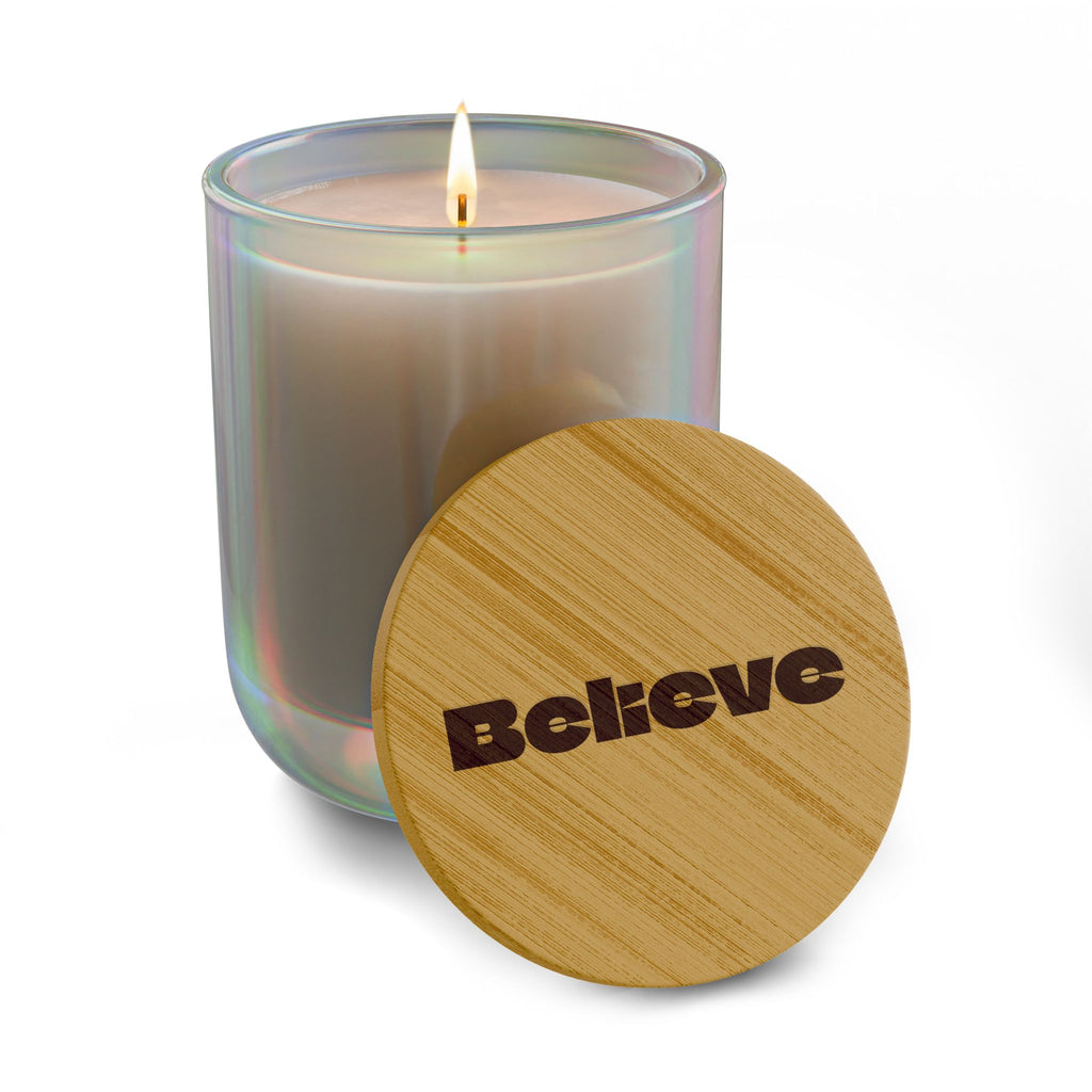 “Believe” 14 oz. Candle With Engraved Bamboo Lid. 100% Natural Soy Wax, Non-Toxic, Phthalate- And Paraben-Free With Cotton Wick. Crafted In USA; Meets ASTM Safety Standards