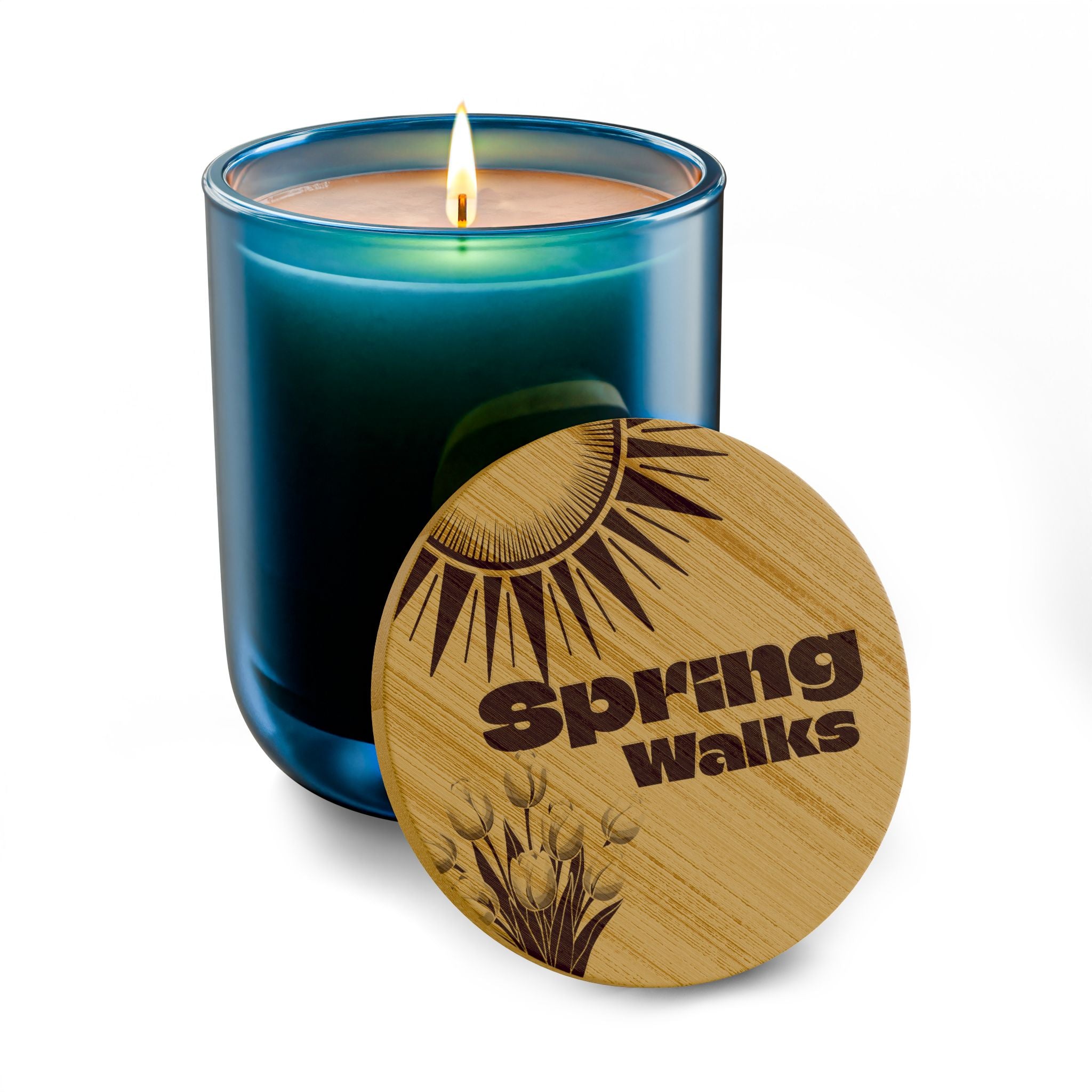 “Spring Walks” 14 oz. Engraved Bamboo Lid. 100% Natural Soy Wax, Non-Toxic, Phthalate- And Paraben-Free With Cotton Wick. Crafted In USA; Meets ASTM Safety Standards