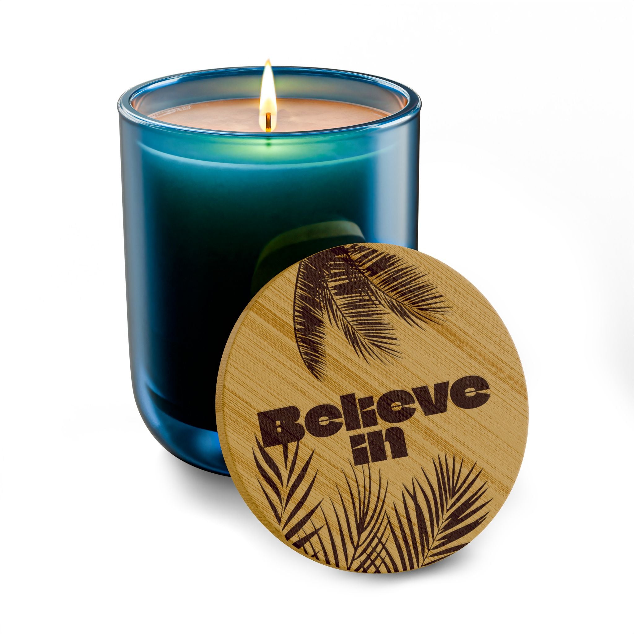 “Believe in” 14 oz. Engraved Bamboo Lid. 100% Natural Soy Wax, Non-Toxic, Phthalate- And Paraben-Free With Cotton Wick. Crafted In USA; Meets ASTM Safety Standards