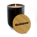“Believe” 14 oz. Candle With Engraved Bamboo Lid. 100% Natural Soy Wax, Non-Toxic, Phthalate- And Paraben-Free With Cotton Wick. Crafted In USA; Meets ASTM Safety Standards