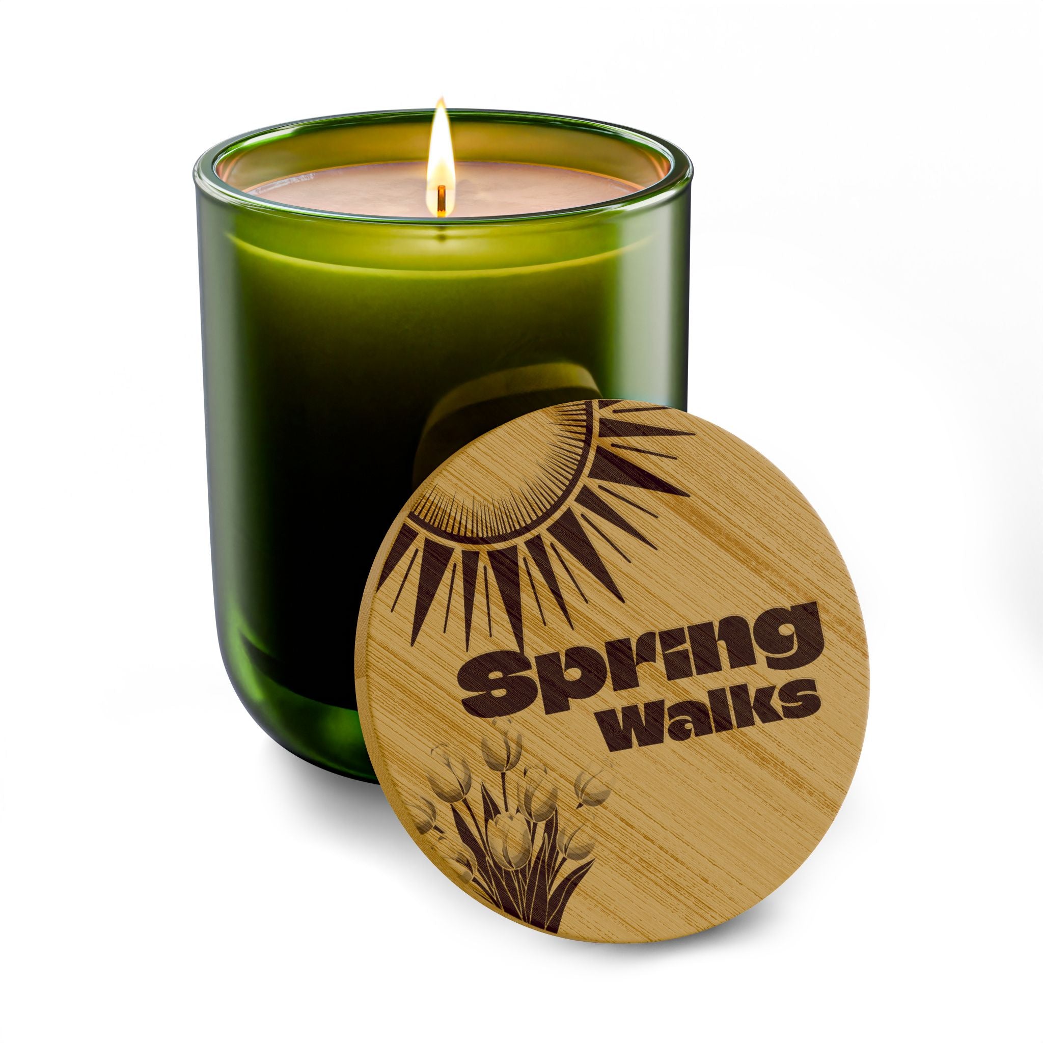 “Spring Walks” 14 oz. Engraved Bamboo Lid. 100% Natural Soy Wax, Non-Toxic, Phthalate- And Paraben-Free With Cotton Wick. Crafted In USA; Meets ASTM Safety Standards