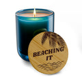 “BEACHING IT” 14 oz. Engraved Bamboo Lid. 100% Natural Soy Wax, Non-Toxic, Phthalate- And Paraben-Free With Cotton Wick. Crafted In USA; Meets ASTM Safety Standards