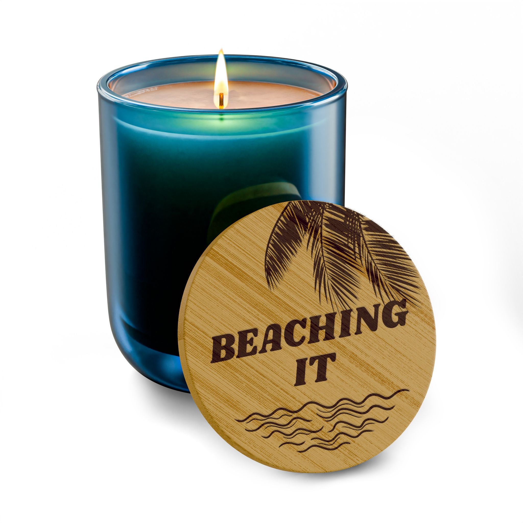 “BEACHING IT” 14 oz. Engraved Bamboo Lid. 100% Natural Soy Wax, Non-Toxic, Phthalate- And Paraben-Free With Cotton Wick. Crafted In USA; Meets ASTM Safety Standards