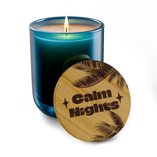 “*Calm Nights*” 14 oz. Engraved Bamboo Lid. 100% Natural Soy Wax, Non-Toxic, Phthalate- And Paraben-Free With Cotton Wick. Crafted In USA; Meets ASTM Safety Standards
