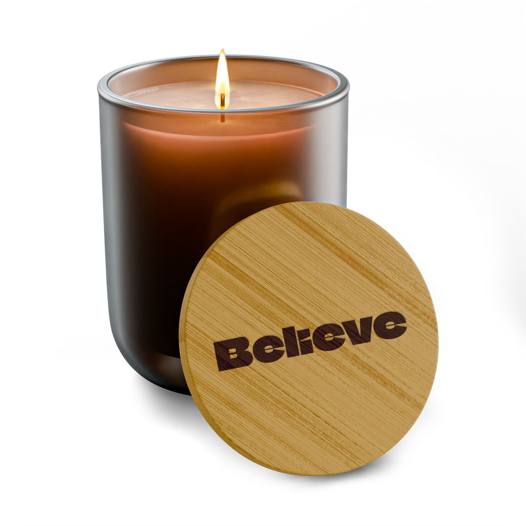 “Believe” 14 oz. Candle With Engraved Bamboo Lid. 100% Natural Soy Wax, Non-Toxic, Phthalate- And Paraben-Free With Cotton Wick. Crafted In USA; Meets ASTM Safety Standards