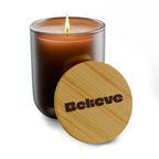 “Believe” 14 oz. Candle With Engraved Bamboo Lid. 100% Natural Soy Wax, Non-Toxic, Phthalate- And Paraben-Free With Cotton Wick. Crafted In USA; Meets ASTM Safety Standards