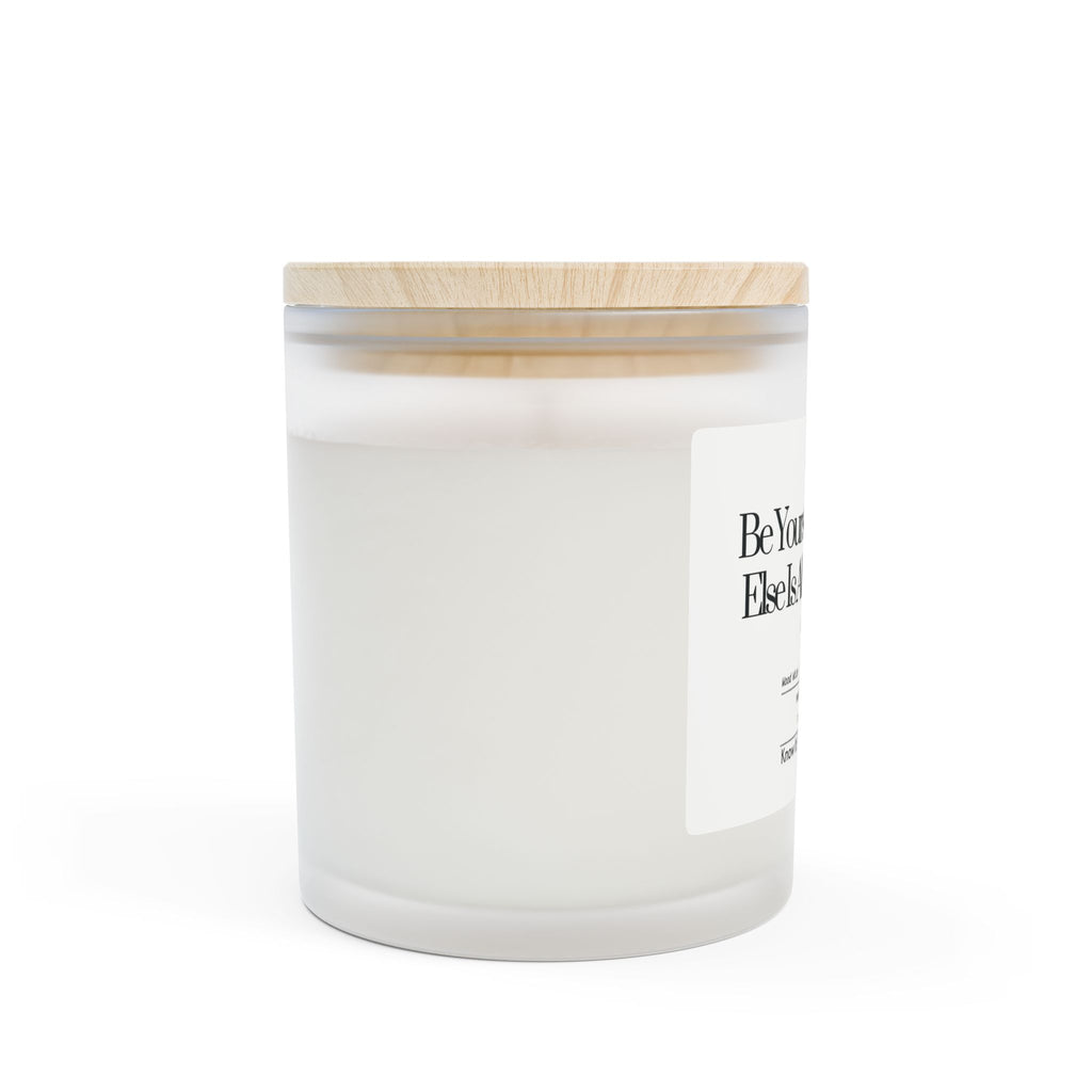 “Be Yourself” Wood‑Wick Candle. Vegan, Phthalate-Free, Hand-Poured, Coconut-Soy Wax Blend. FSC-Certified Wooden Wick, Frosted Glass, Raw Maple Lid. 11oz.