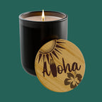 “Aloha” 14 oz. Engraved Bamboo Lid. 100% Natural Soy Wax, Non-Toxic, Phthalate- And Paraben-Free With Cotton Wick. Crafted In USA; Meets ASTM Safety Standards