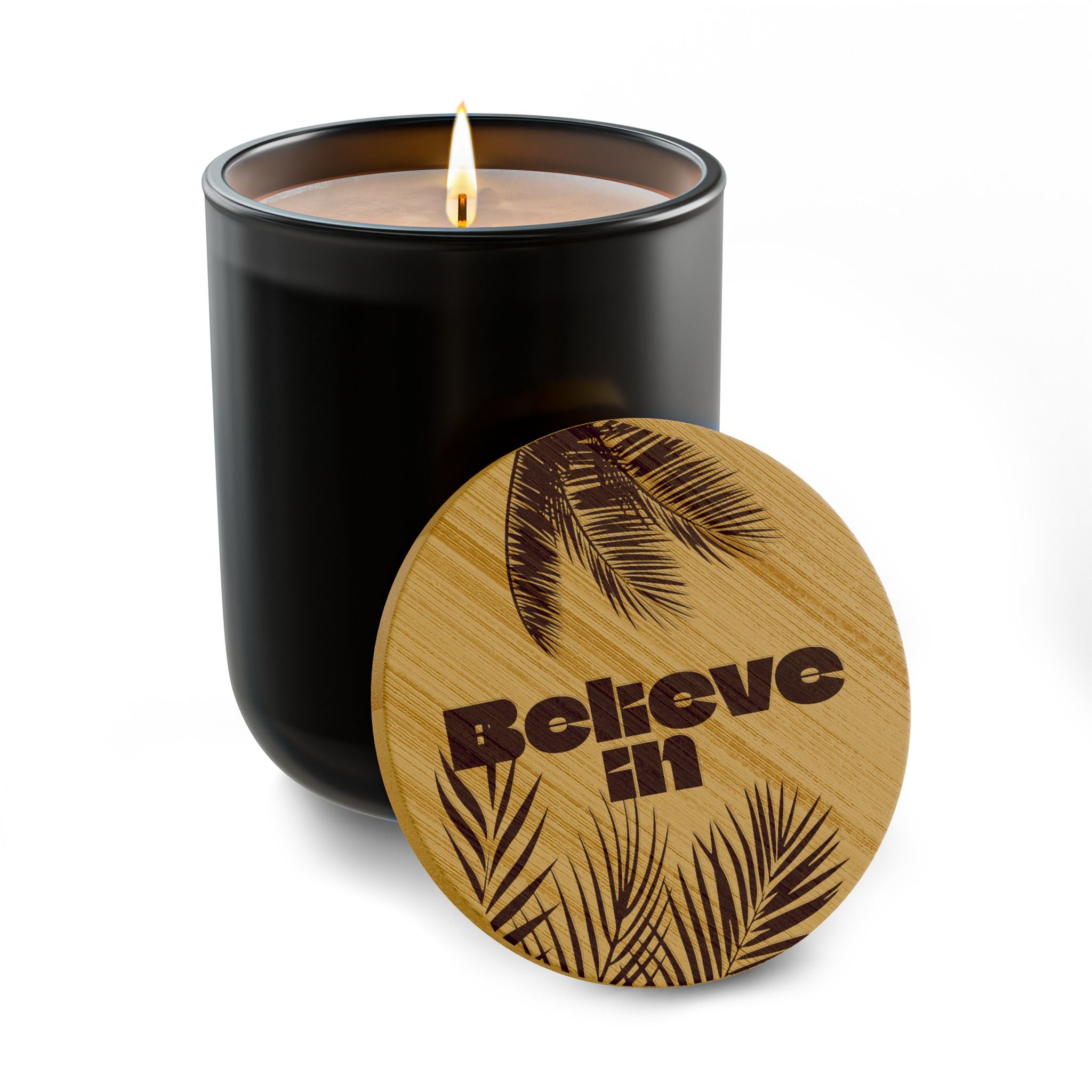 “Believe in” 14 oz. Engraved Bamboo Lid. 100% Natural Soy Wax, Non-Toxic, Phthalate- And Paraben-Free With Cotton Wick. Crafted In USA; Meets ASTM Safety Standards