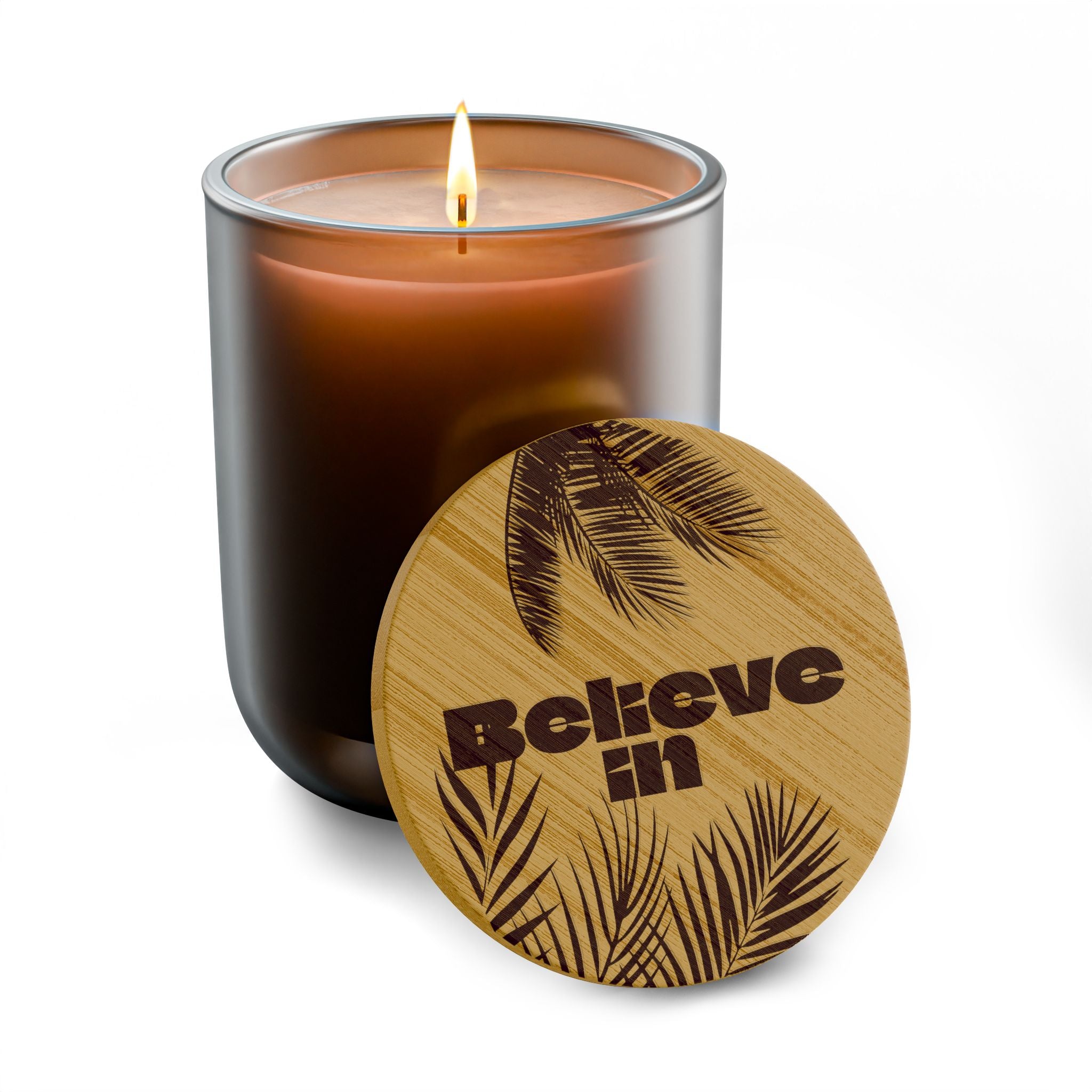 “Believe in” 14 oz. Engraved Bamboo Lid. 100% Natural Soy Wax, Non-Toxic, Phthalate- And Paraben-Free With Cotton Wick. Crafted In USA; Meets ASTM Safety Standards