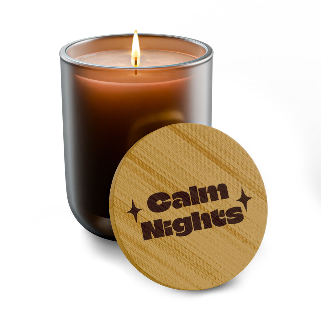 “*Calm Nights*” 14 oz. Engraved Bamboo Lid. 100% Natural Soy Wax, Non-Toxic, Phthalate- And Paraben-Free With Cotton Wick. Crafted In USA; Meets ASTM Safety Standards