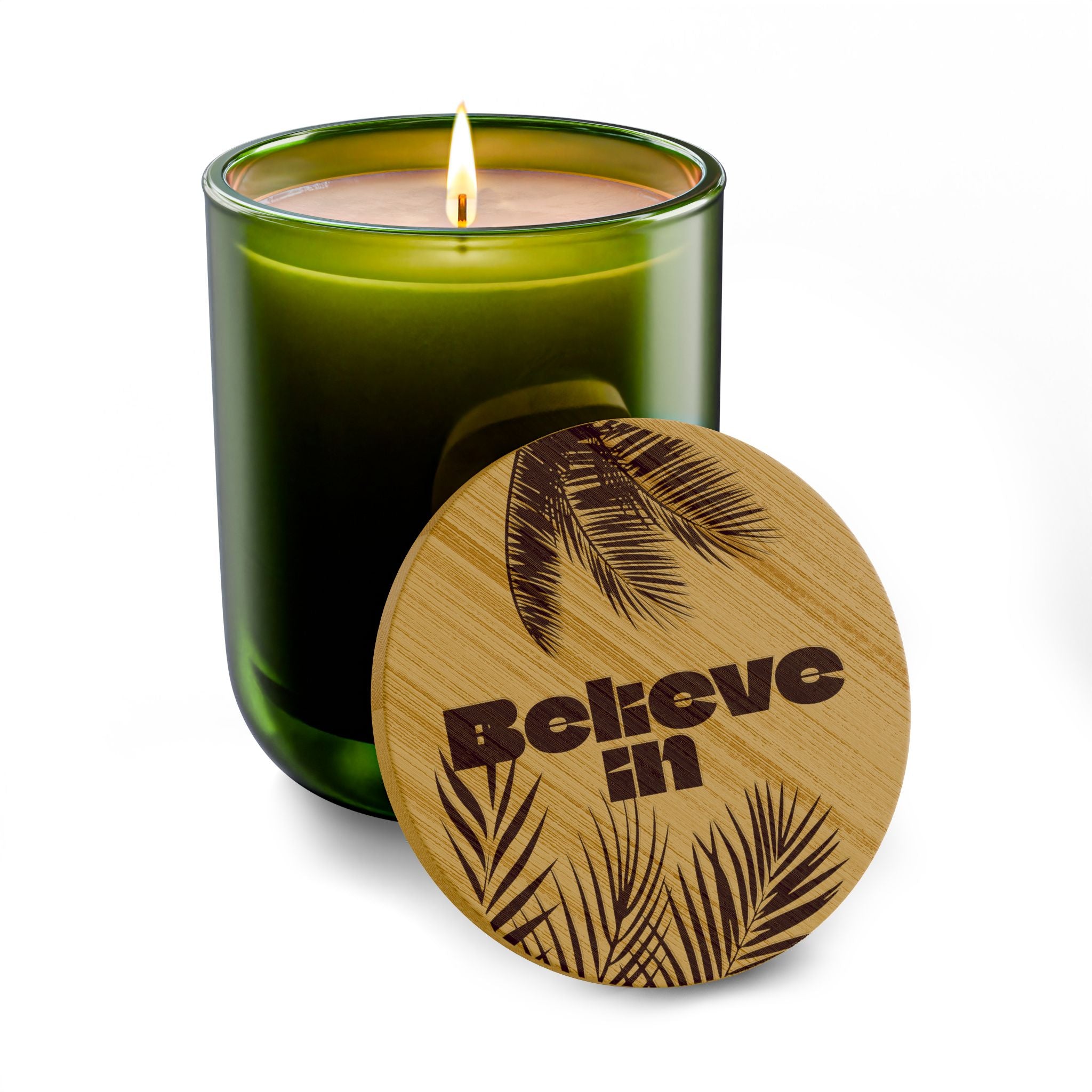 “Believe in” 14 oz. Engraved Bamboo Lid. 100% Natural Soy Wax, Non-Toxic, Phthalate- And Paraben-Free With Cotton Wick. Crafted In USA; Meets ASTM Safety Standards
