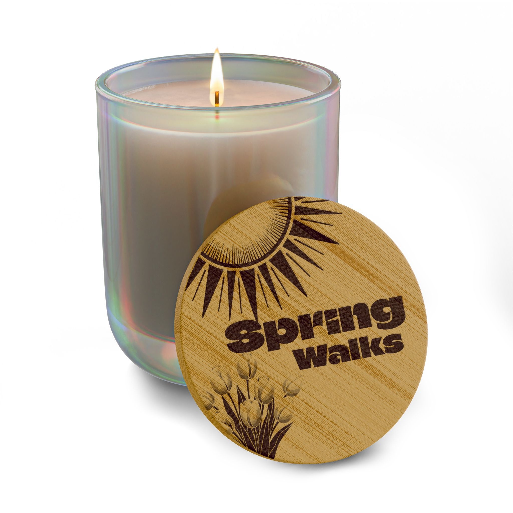 “Spring Walks” 14 oz. Engraved Bamboo Lid. 100% Natural Soy Wax, Non-Toxic, Phthalate- And Paraben-Free With Cotton Wick. Crafted In USA; Meets ASTM Safety Standards