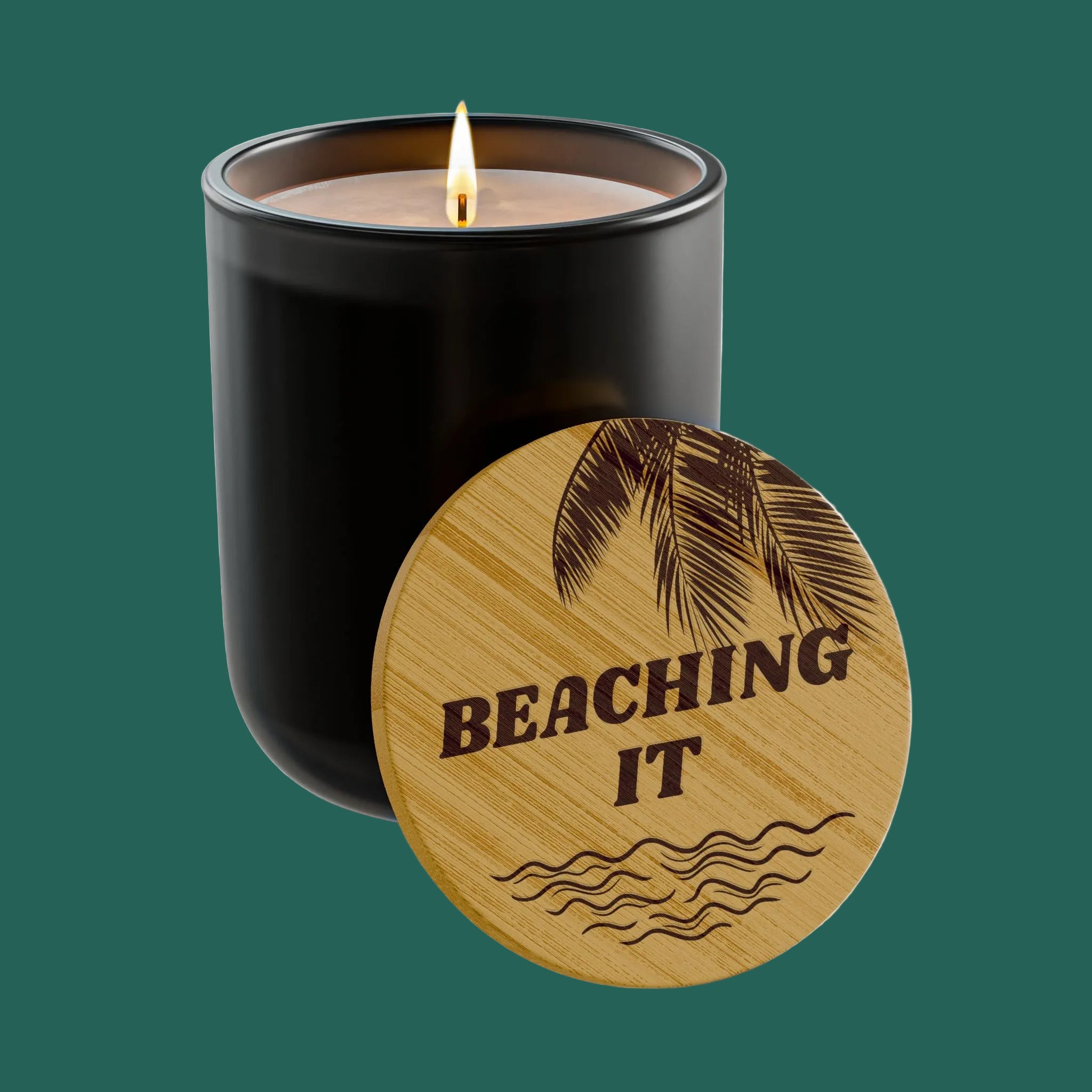 “BEACHING IT” 14 oz. Engraved Bamboo Lid. 100% Natural Soy Wax, Non-Toxic, Phthalate- And Paraben-Free With Cotton Wick. Crafted In USA; Meets ASTM Safety Standards