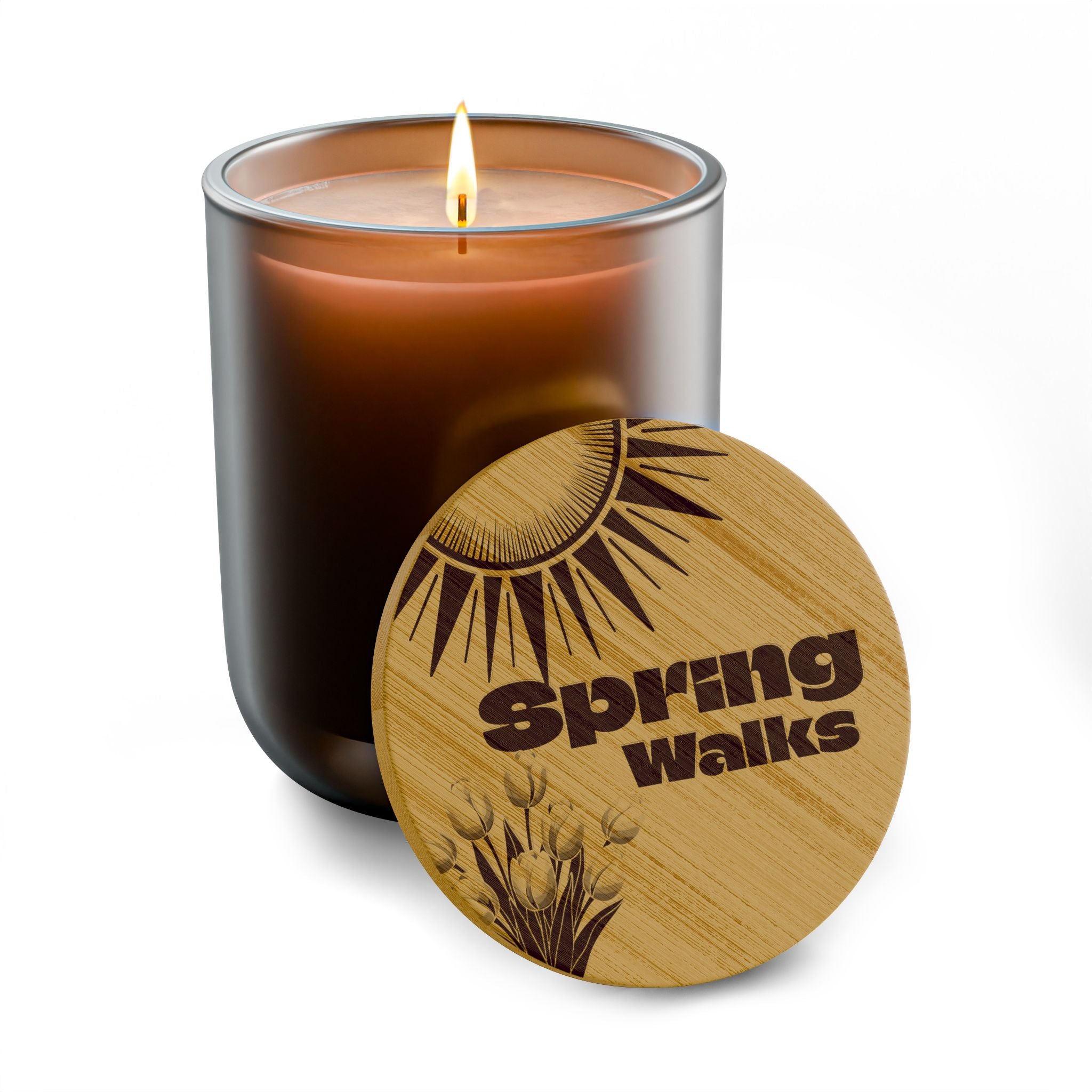“Spring Walks” 14 oz. Engraved Bamboo Lid. 100% Natural Soy Wax, Non-Toxic, Phthalate- And Paraben-Free With Cotton Wick. Crafted In USA; Meets ASTM Safety Standards