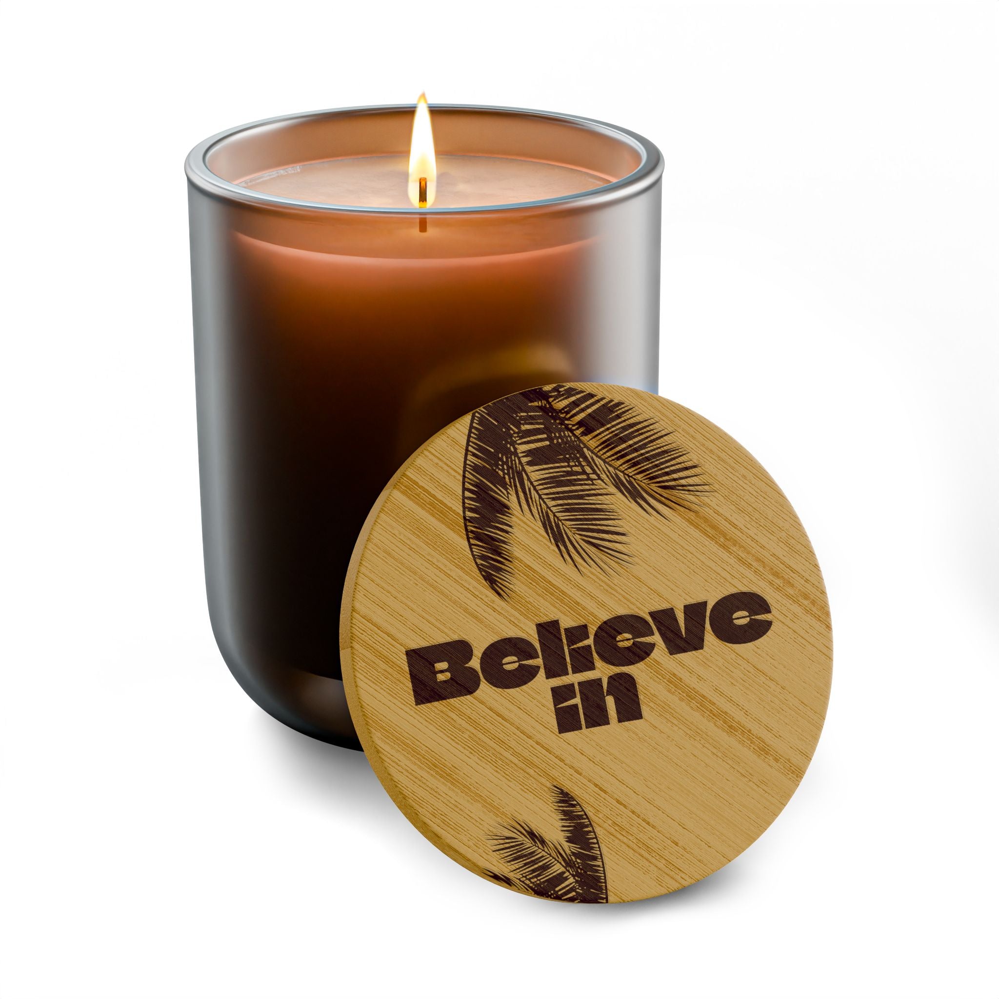 “Believe in” 14 oz. Engraved Bamboo Lid. 100% Natural Soy Wax, Non-Toxic, Phthalate- And Paraben-Free With Cotton Wick. Crafted In USA; Meets ASTM Safety Standards