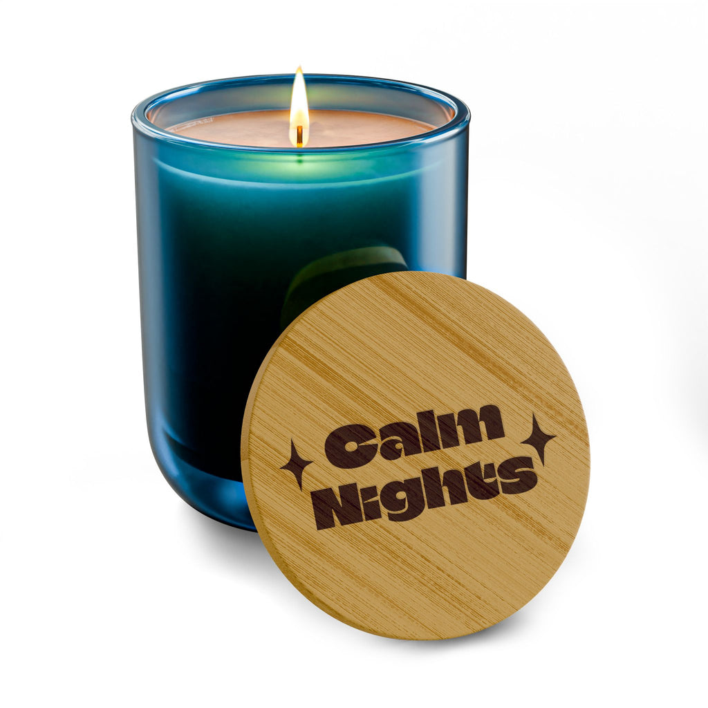 “*Calm Nights*” 14 oz. Engraved Bamboo Lid. 100% Natural Soy Wax, Non-Toxic, Phthalate- And Paraben-Free With Cotton Wick. Crafted In USA; Meets ASTM Safety Standards