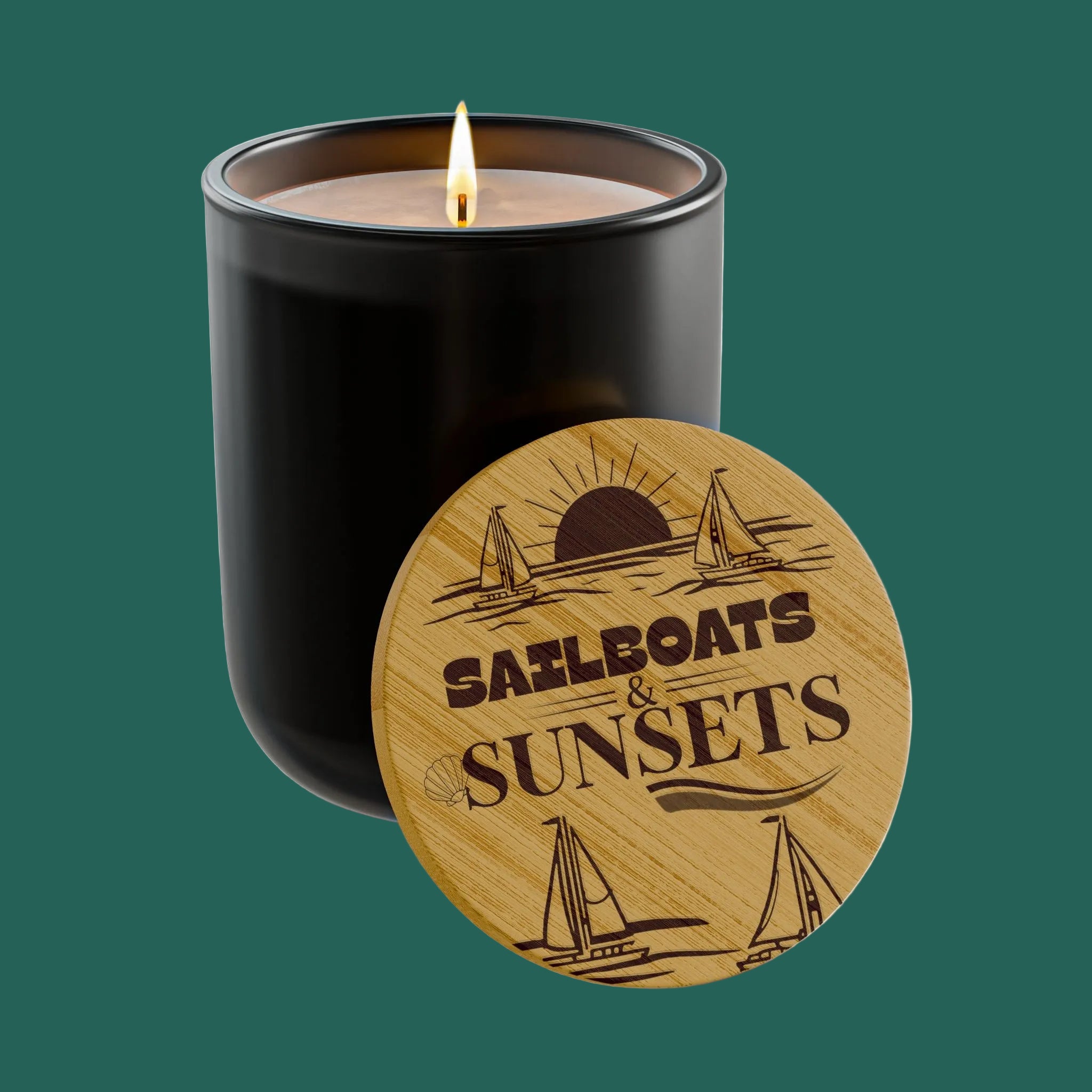 “Sailboats & Sunsets” 14 oz. Engraved Bamboo Lid. 100% Natural Soy Wax, Non-Toxic, Phthalate- And Paraben-Free With Cotton Wick. Crafted In USA; Meets ASTM Safety Standards