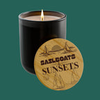 “Sailboats & Sunsets” 14 oz. Engraved Bamboo Lid. 100% Natural Soy Wax, Non-Toxic, Phthalate- And Paraben-Free With Cotton Wick. Crafted In USA; Meets ASTM Safety Standards