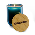 “Believe” 14 oz. Candle With Engraved Bamboo Lid. 100% Natural Soy Wax, Non-Toxic, Phthalate- And Paraben-Free With Cotton Wick. Crafted In USA; Meets ASTM Safety Standards