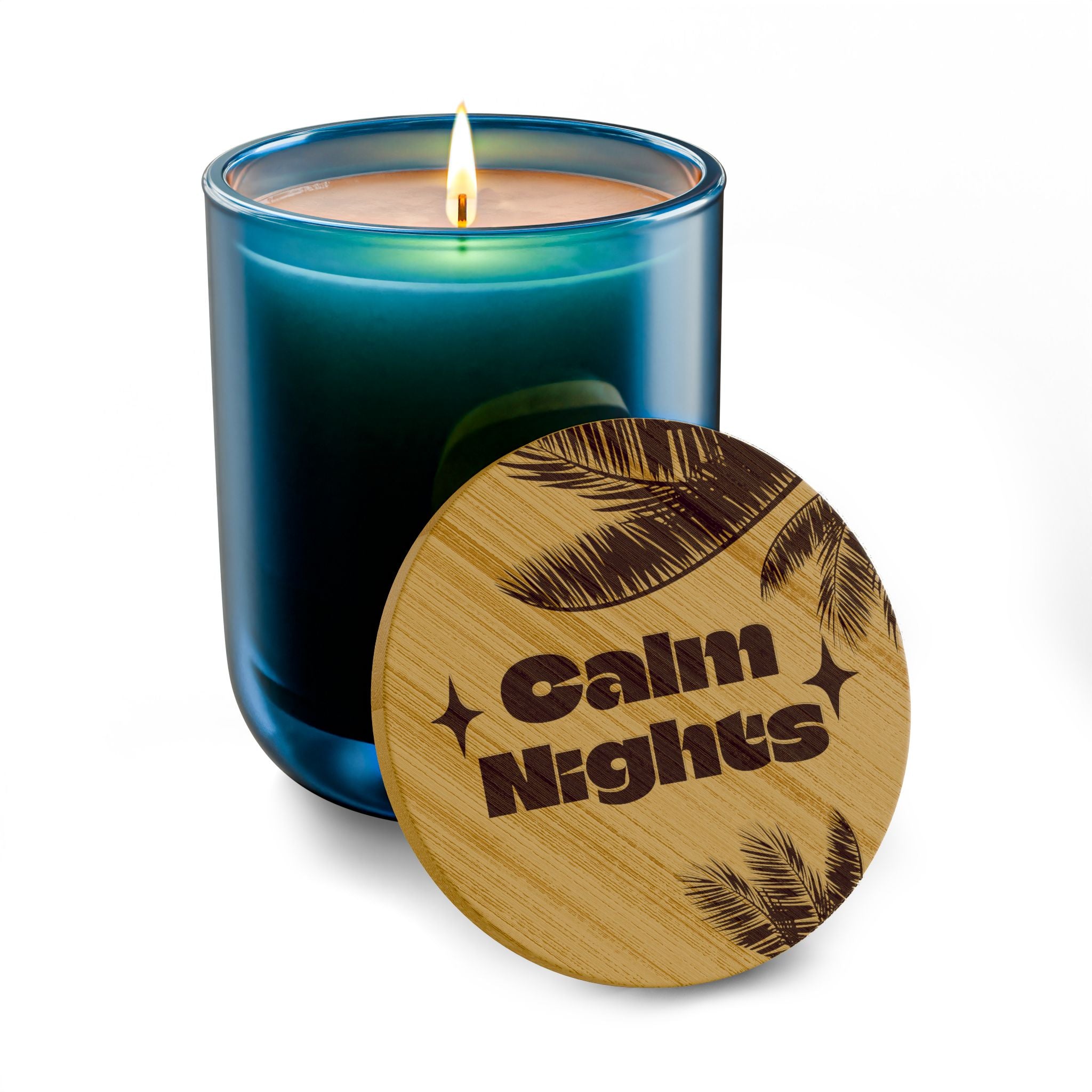 “*Calm Nights*” 14 oz. Engraved Bamboo Lid. 100% Natural Soy Wax, Non-Toxic, Phthalate- And Paraben-Free With Cotton Wick. Crafted In USA; Meets ASTM Safety Standards