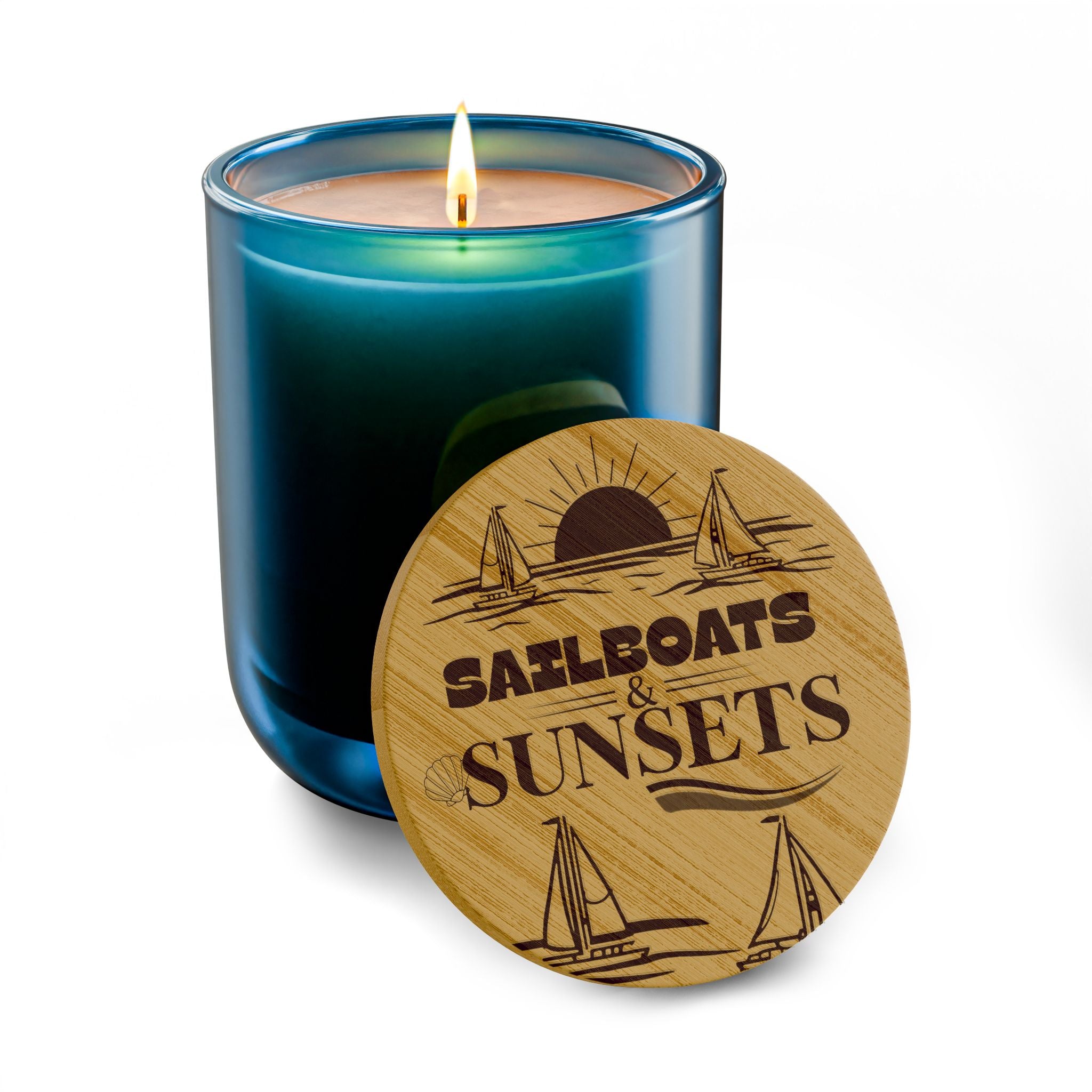 “Sailboats & Sunsets” 14 oz. Engraved Bamboo Lid. 100% Natural Soy Wax, Non-Toxic, Phthalate- And Paraben-Free With Cotton Wick. Crafted In USA; Meets ASTM Safety Standards