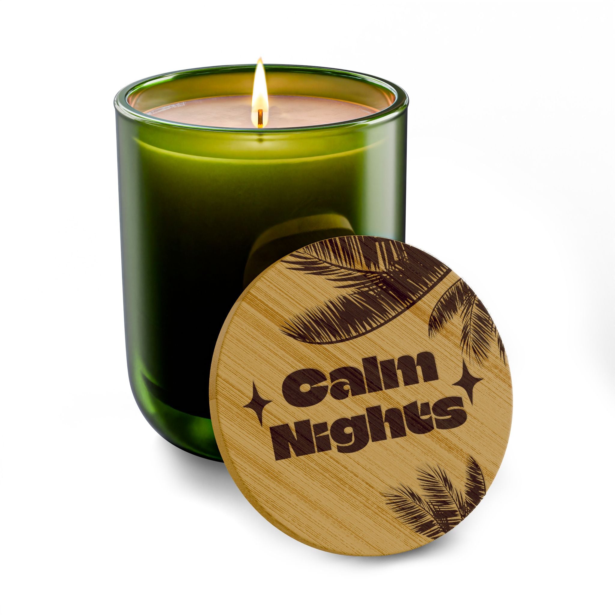 “*Calm Nights*” 14 oz. Engraved Bamboo Lid. 100% Natural Soy Wax, Non-Toxic, Phthalate- And Paraben-Free With Cotton Wick. Crafted In USA; Meets ASTM Safety Standards