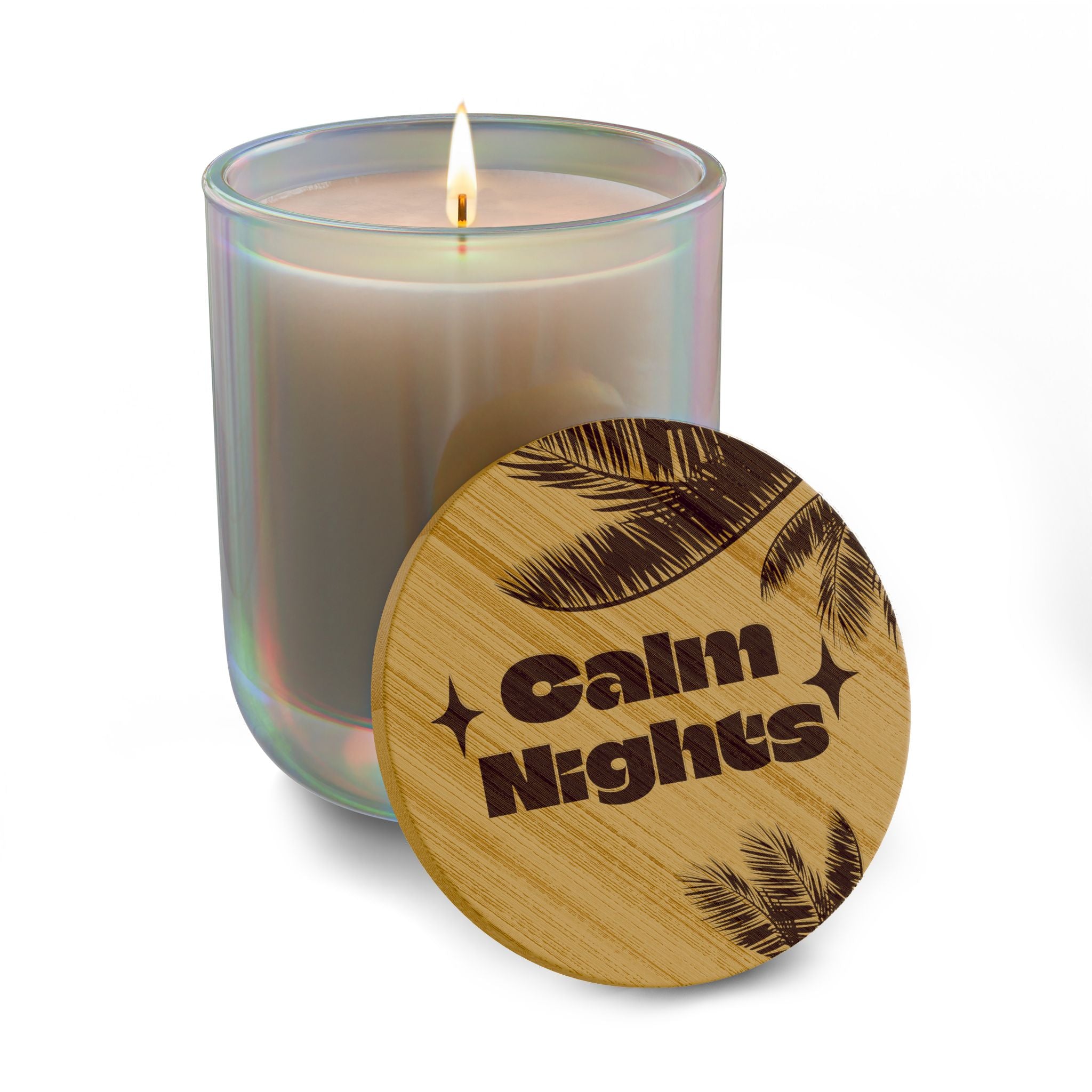 “*Calm Nights*” 14 oz. Engraved Bamboo Lid. 100% Natural Soy Wax, Non-Toxic, Phthalate- And Paraben-Free With Cotton Wick. Crafted In USA; Meets ASTM Safety Standards
