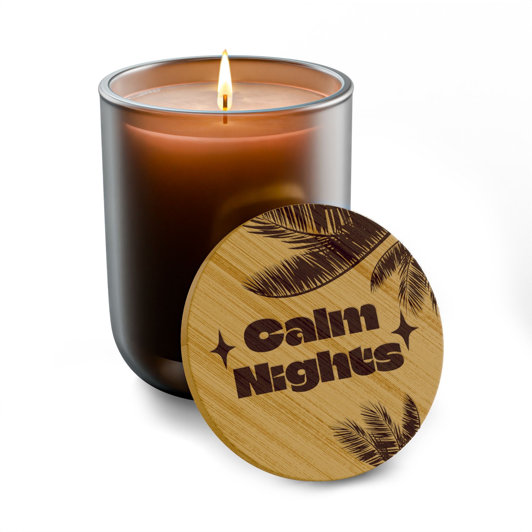 “*Calm Nights*” 14 oz. Engraved Bamboo Lid. 100% Natural Soy Wax, Non-Toxic, Phthalate- And Paraben-Free With Cotton Wick. Crafted In USA; Meets ASTM Safety Standards