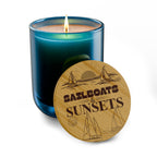“Sailboats & Sunsets” 14 oz. Engraved Bamboo Lid. 100% Natural Soy Wax, Non-Toxic, Phthalate- And Paraben-Free With Cotton Wick. Crafted In USA; Meets ASTM Safety Standards