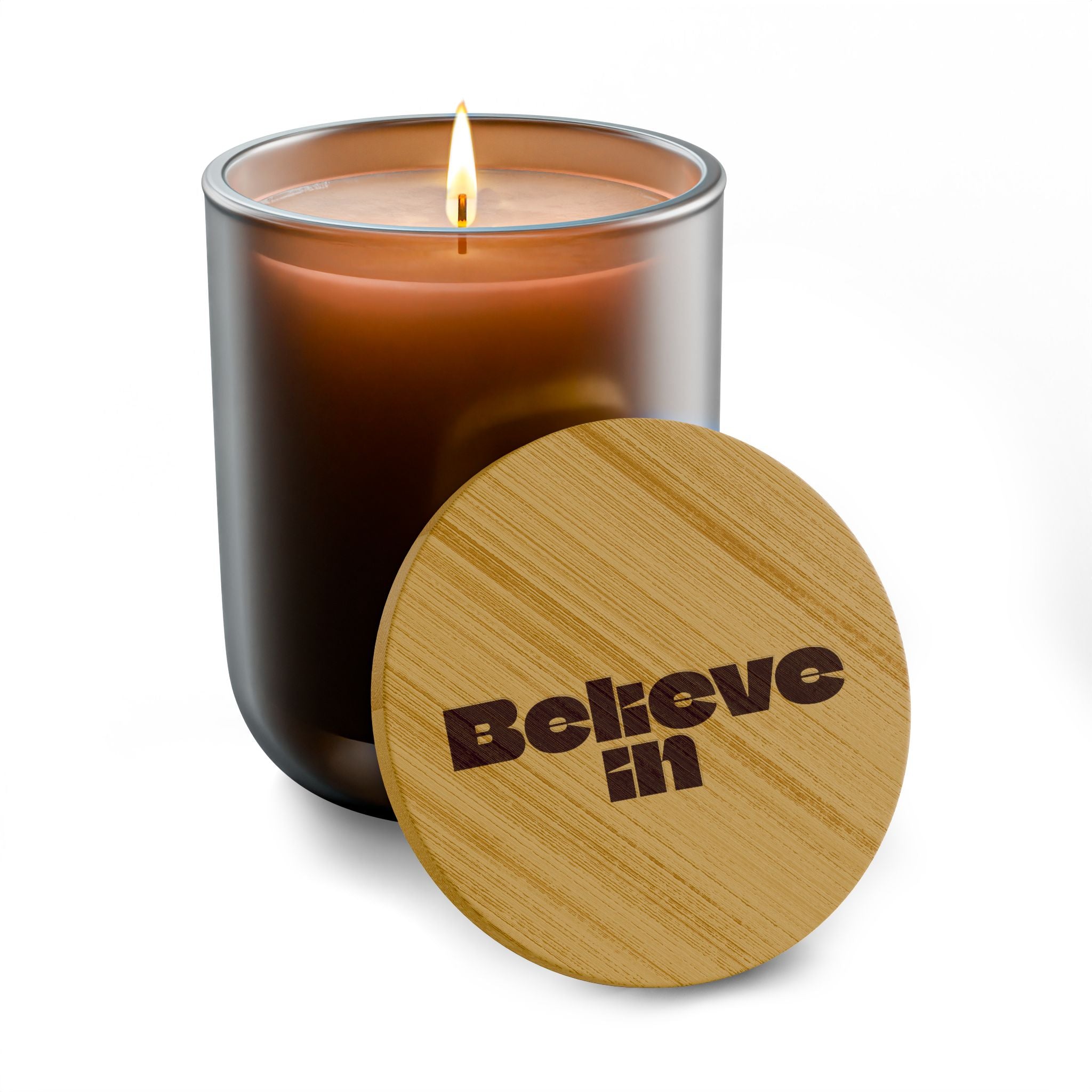 “Believe in” 14 oz. Engraved Bamboo Lid. 100% Natural Soy Wax, Non-Toxic, Phthalate- And Paraben-Free With Cotton Wick. Crafted In USA; Meets ASTM Safety Standards