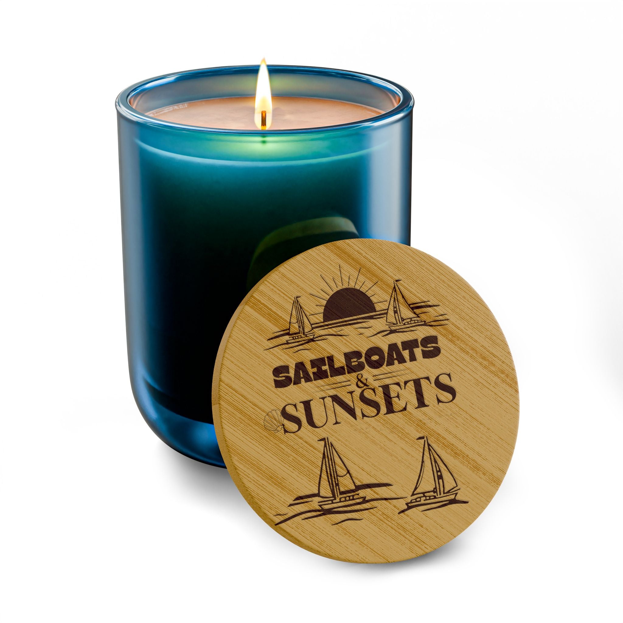 “Sailboats & Sunsets” 14 oz. Engraved Bamboo Lid. 100% Natural Soy Wax, Non-Toxic, Phthalate- And Paraben-Free With Cotton Wick. Crafted In USA; Meets ASTM Safety Standards