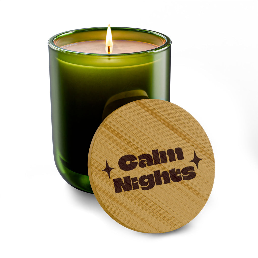 “*Calm Nights*” 14 oz. Engraved Bamboo Lid. 100% Natural Soy Wax, Non-Toxic, Phthalate- And Paraben-Free With Cotton Wick. Crafted In USA; Meets ASTM Safety Standards
