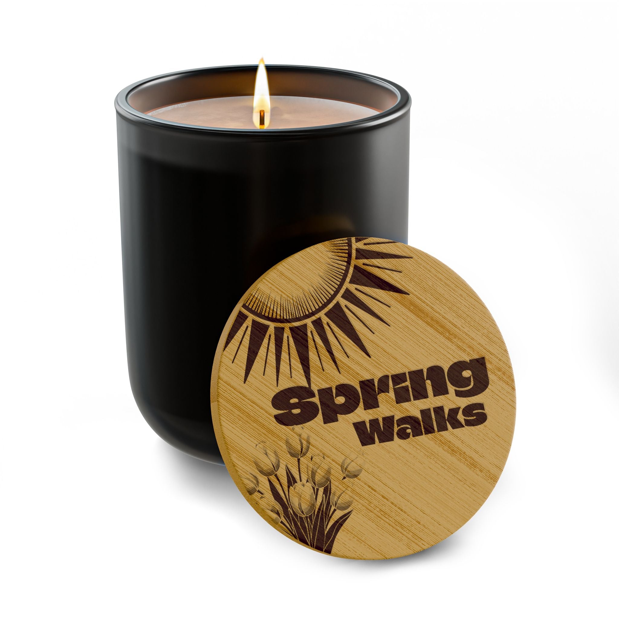 “Spring Walks” 14 oz. Engraved Bamboo Lid. 100% Natural Soy Wax, Non-Toxic, Phthalate- And Paraben-Free With Cotton Wick. Crafted In USA; Meets ASTM Safety Standards