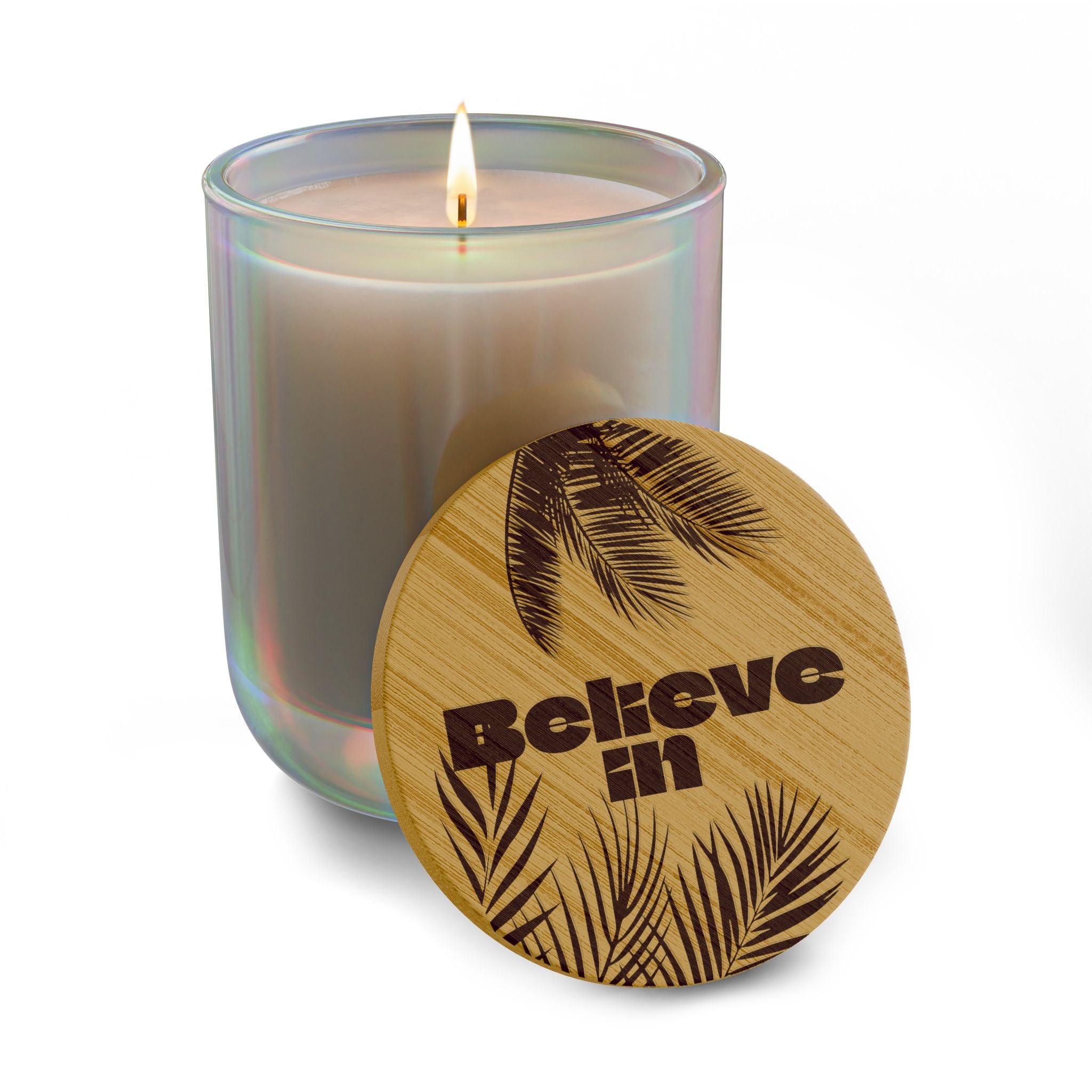 “Believe in” 14 oz. Engraved Bamboo Lid. 100% Natural Soy Wax, Non-Toxic, Phthalate- And Paraben-Free With Cotton Wick. Crafted In USA; Meets ASTM Safety Standards