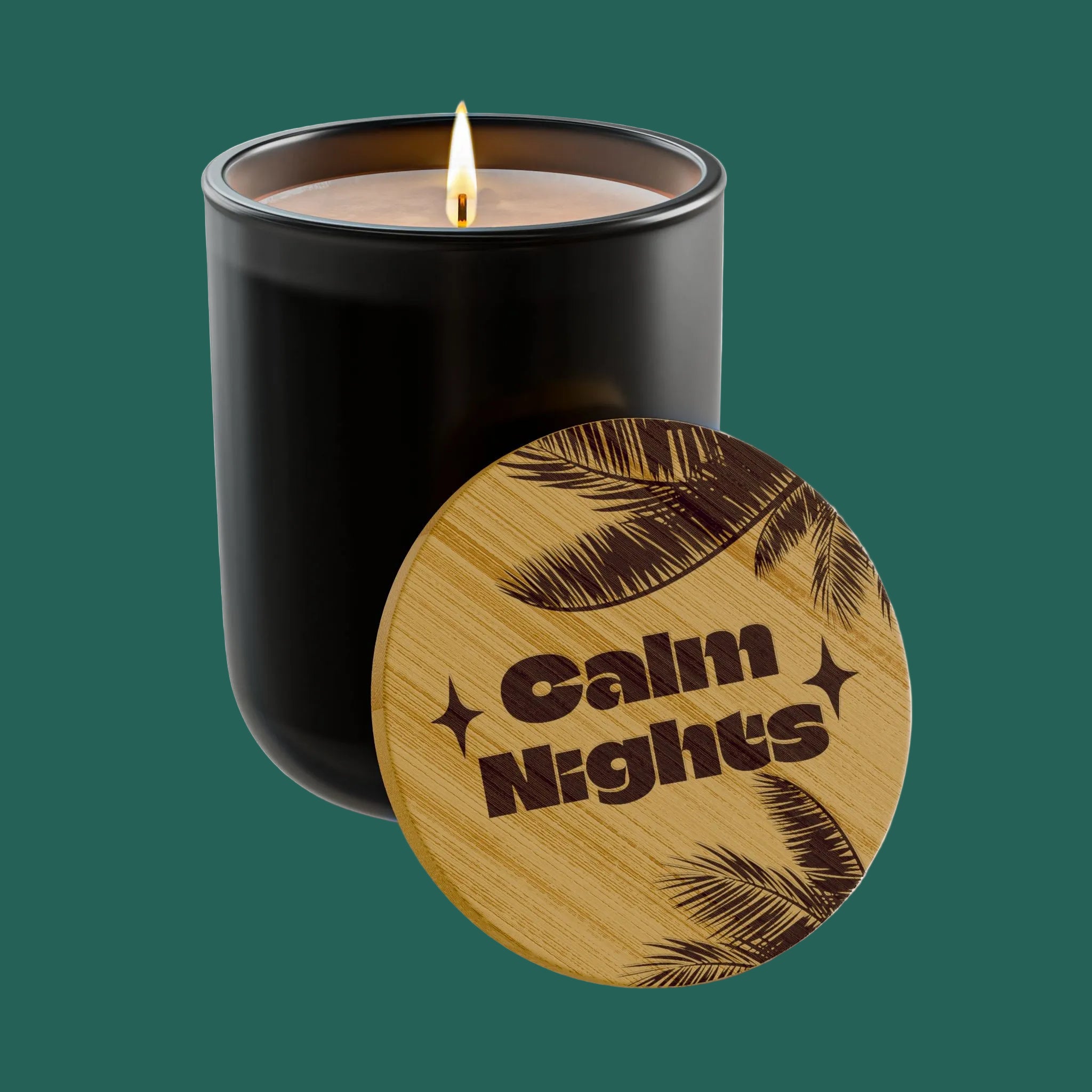 “*Calm Nights*” 14 oz. Engraved Bamboo Lid. 100% Natural Soy Wax, Non-Toxic, Phthalate- And Paraben-Free With Cotton Wick. Crafted In USA; Meets ASTM Safety Standards