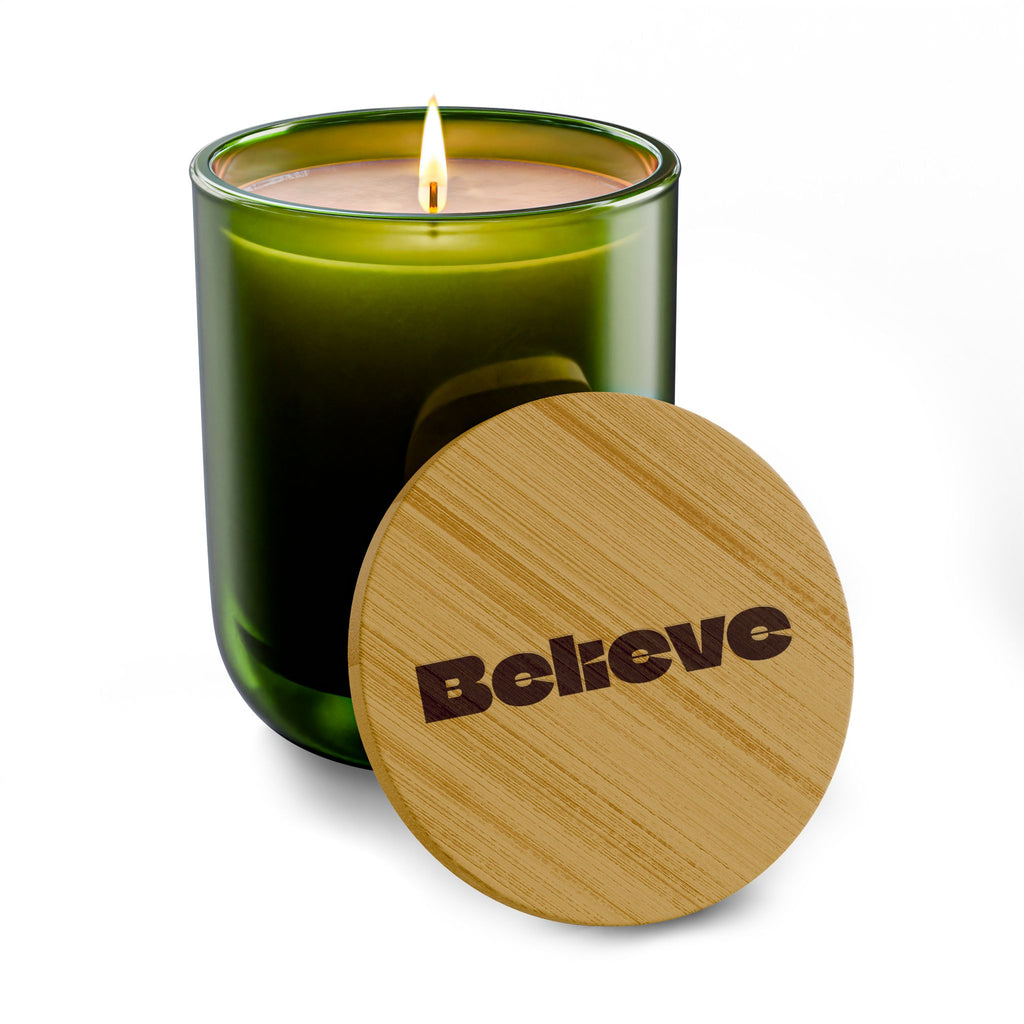 “Believe” 14 oz. Candle With Engraved Bamboo Lid. 100% Natural Soy Wax, Non-Toxic, Phthalate- And Paraben-Free With Cotton Wick. Crafted In USA; Meets ASTM Safety Standards