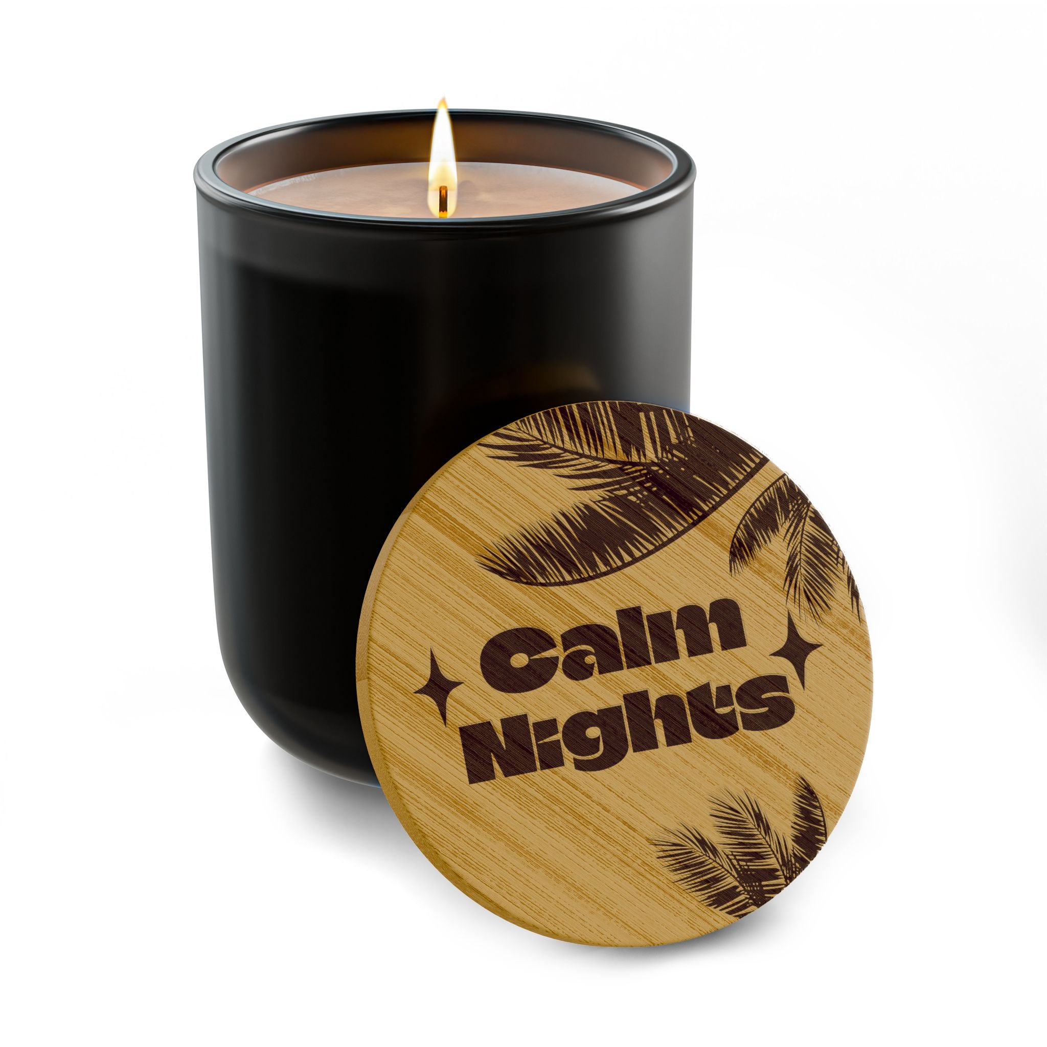 “*Calm Nights*” 14 oz. Engraved Bamboo Lid. 100% Natural Soy Wax, Non-Toxic, Phthalate- And Paraben-Free With Cotton Wick. Crafted In USA; Meets ASTM Safety Standards